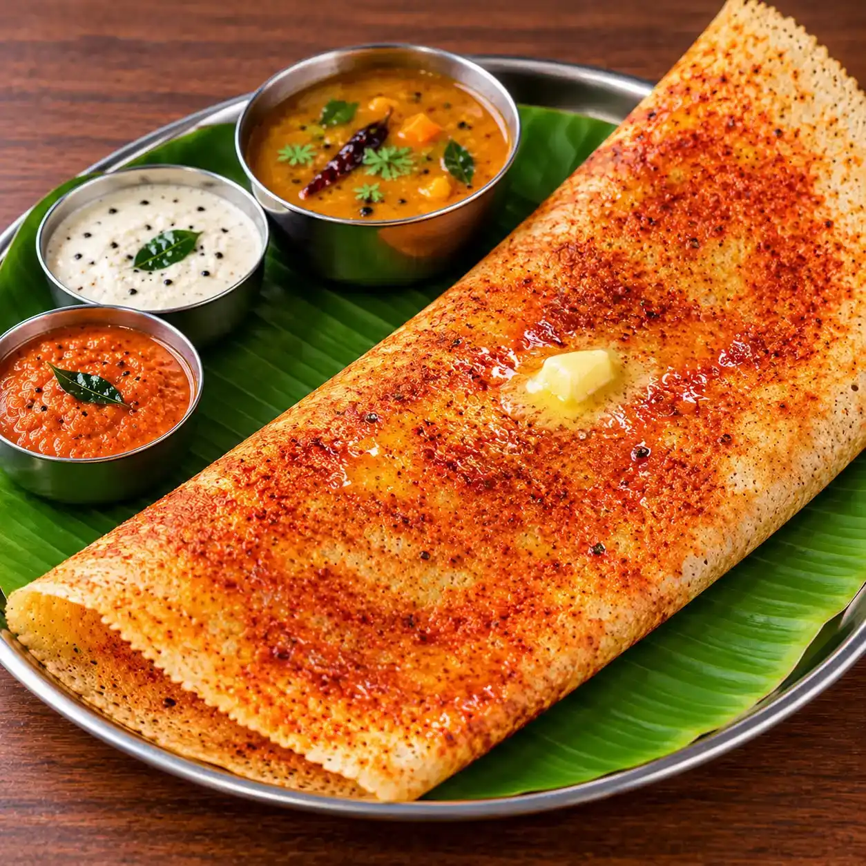 Ghee Nellore Karam Dosa — Experience the iconic Nellore Karam Dosa, generously brushed with at Apna Bazar - Eatery